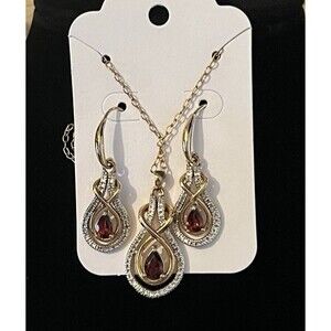 PAJ BB China Gold Tone Garnet Necklace & Drop Pierced Earrings Set Vtg 90's